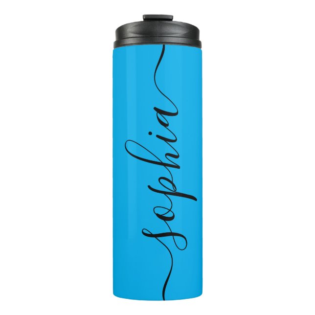 Cyan Blue Black Script Custom Thermal Tumbler Thermosbecher (Vorderseite)