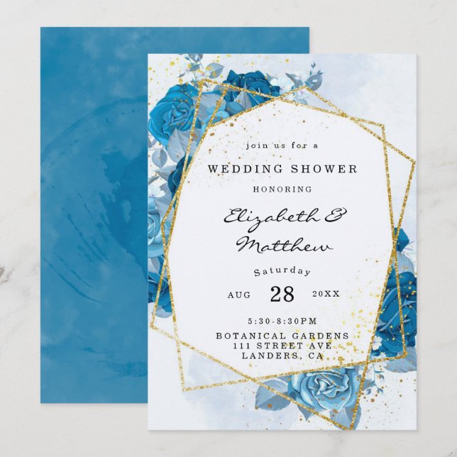 Cyan Blue Florals Gold Geometric Polterabend Einladung (Vorne/Hinten)