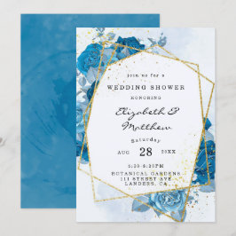 Cyan Blue Florals Gold Geometric Polterabend Einladung