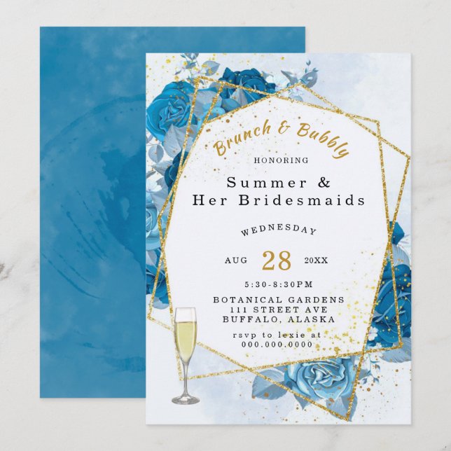 Cyan Blue Gold Geometric Brunch und Bubbly Einladung (Vorne/Hinten)