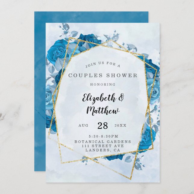 Cyan Blue Gold Geometric Couples Dusche Einladung (Vorne/Hinten)