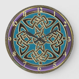 Cyan Blue, Purple and Gold Celtic Knot Clock Große Wanduhr