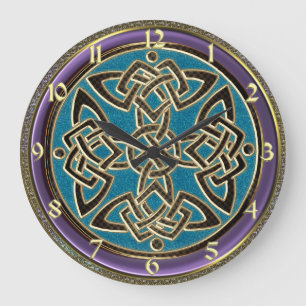 Cyan Blue, Purple and Gold Celtic Knot Clock Große Wanduhr