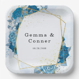 Cyan Blue Rustic Geometric Floral Wedding Pappteller