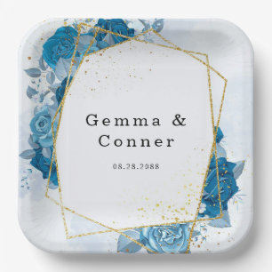 Cyan Blue Rustic Geometric Floral Wedding Pappteller