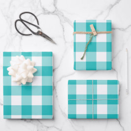 Cyan Blue und White Gingham Karo Kariert Geschenkpapier Set