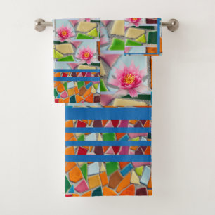 Cyan Blue Water Lilie mit Mosaik Muster Badhandtuch Set