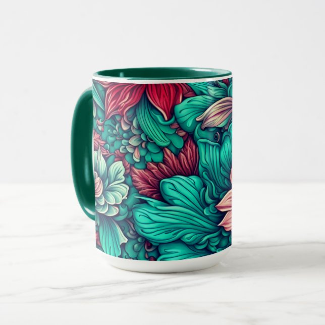 Cyan-Blume Surreal-Blüten Tasse (Vorderseite Links)