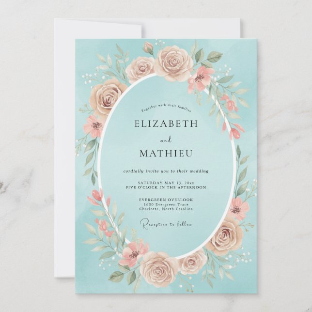 Cyan Blush Blossom Hochzeit Einladung (Vorderseite)