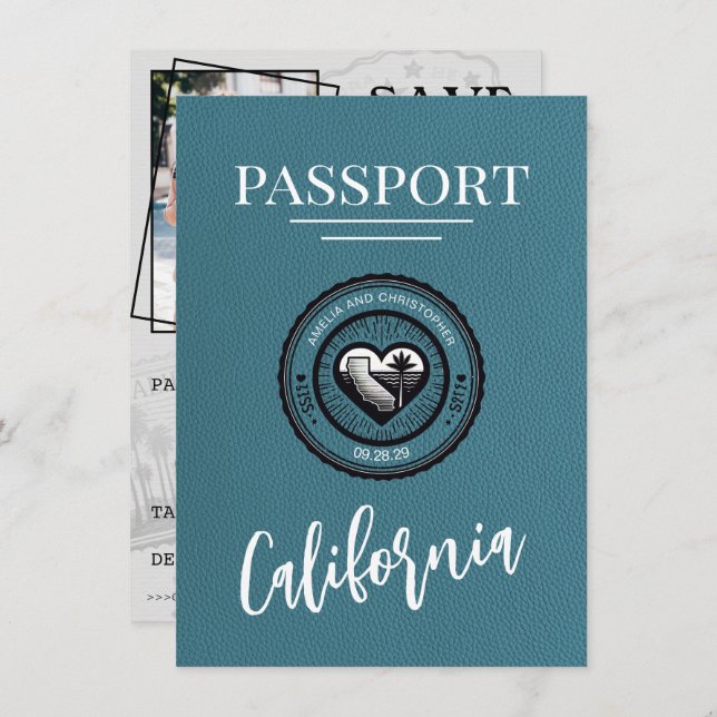 Cyan California Passport Save the Date (Vorne/Hinten)