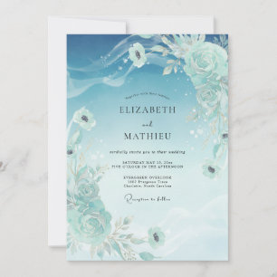 Cyan Gemalte Blütenhochzeit Einladung