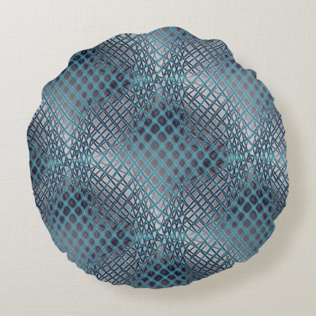 Cyan gezeichnet, der wie ein Gewirr aus Fischernet Rundes Kissen (Rückseite)