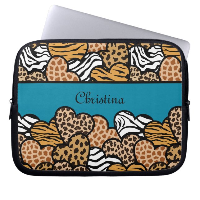 Cyan Girly Animal Print Herzen mit einem Namen Laptopschutzhülle (Vorderseite)