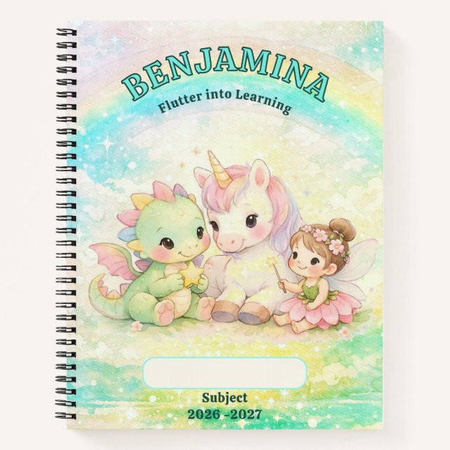 Cyan Gold Einhorn Fee Drache Regenbogen Schule Notizbuch (Vorderseite)