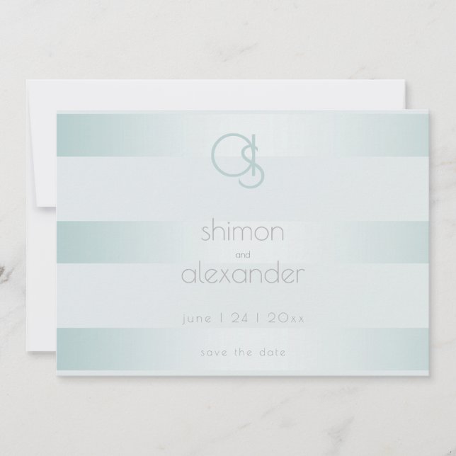 Cyan Green Shimmery Stripes Monogram Save The Date (Vorderseite)