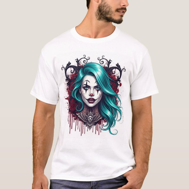 Cyan Haired Clown Queen - Spooky Chic Graphic T-Shirt (Vorderseite)