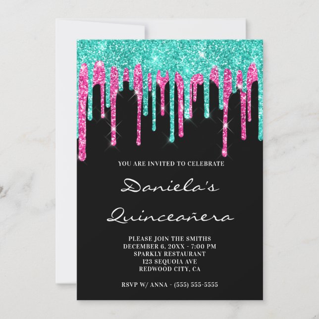 Cyan Hot Pink Glitzer Tropfen Black Quinceañera Einladung (Vorderseite)