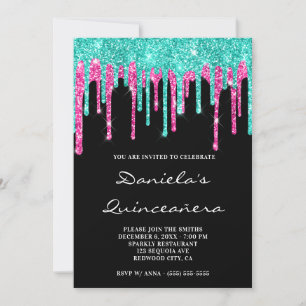 Cyan Hot Pink Glitzer Tropfen Black Quinceañera Einladung