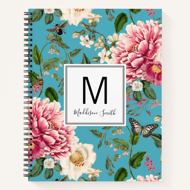 Cyan Mit Monogramm Country Garden Blumenmuster Notizbuch (Vorderseite)