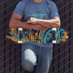 Cyan Orange Cyberpunk Industrielle Turbine Grunge Skateboard