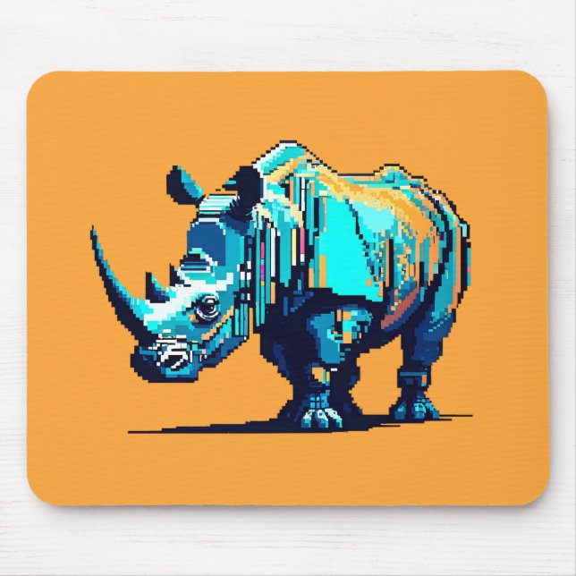 Cyan Orange Pixel Art Rhino Retro Gamer Mousepad (Vorne)