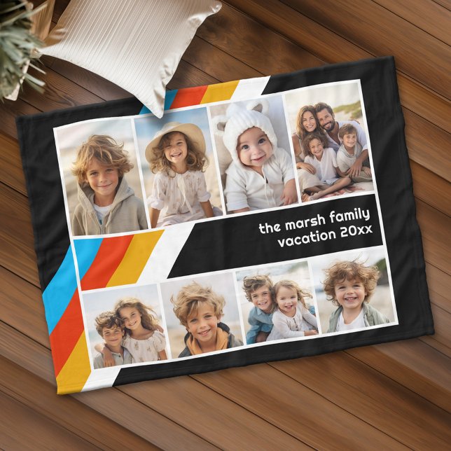 Cyan Retro Strip - 8 Fotomaterial Fleecedecke (Personalized fleece blanket with 8 photos and custom text)