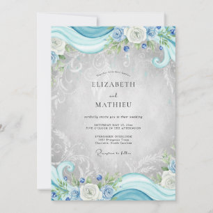 Cyan Silber-Filigran-Eukalyptus-Hochzeit Einladung