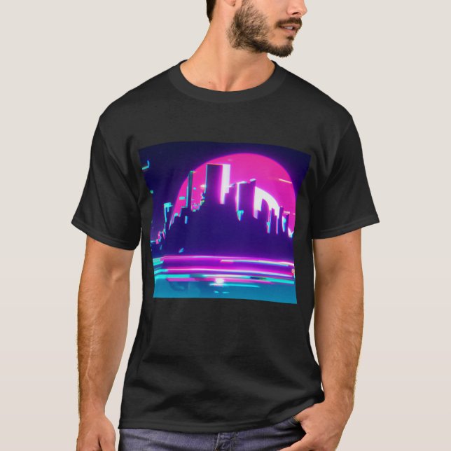 Cyan-Synthwave-Stadt T-Shirt (Vorderseite)