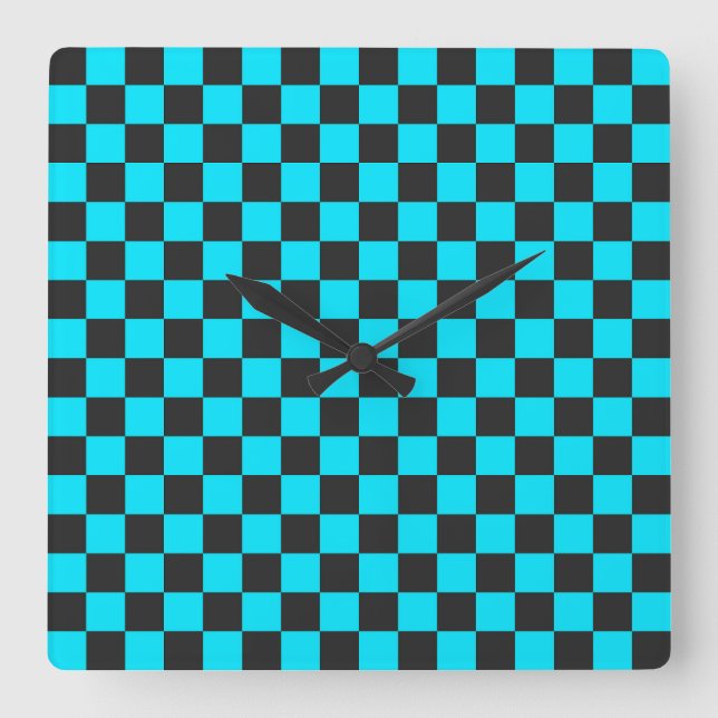 Cyan- und Holzkohle-Schachbrettmuster Quadratische Wanduhr (Vorderseite)