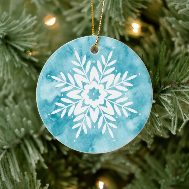 Cyan Watercolor Snowflake Keramik Ornament (Baum)