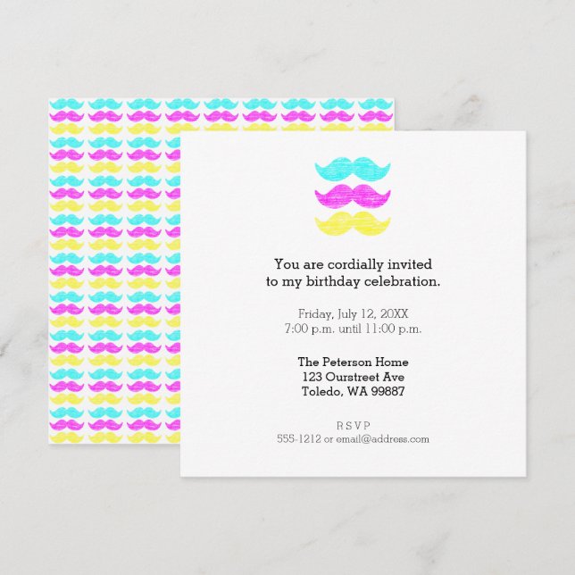 Cyan Yellow Magenta Mustaches (Letterpress style) Einladung (Vorne/Hinten)