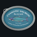 Cyanotic Lachs Bar & Grill Ovale Gürtelschnalle<br><div class="desc">Ein blauer Sockeye Lachs mit Text, der "Cyanotic Lachs Bar & Grill Kenai, Alaska" und "Bekämpfen Sie die Erholung und Entspannung der Fischerei. Die Lachsfischerei ist sehr beliebt und in Alaska zu beliebt. Stellen Sie sich hundert Angler vor, ungefähr Schulter zu Schulter, die beide Ufer eines Baches belästigen und versuchen,...</div>