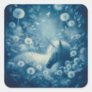 Cyanotype Dandelion Unicorn Dreams Quadratischer Aufkleber