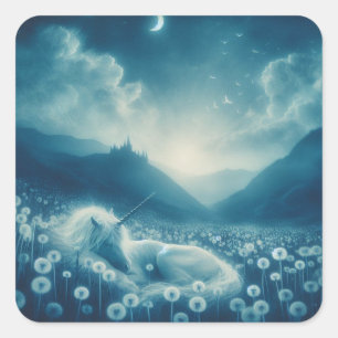 Cyanotype Schlafunicoron Dandelion Dreams Quadratischer Aufkleber