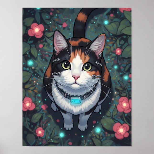 Cyber Cat Bloom | Floral Cybernetic Feline Poster (Vorne)