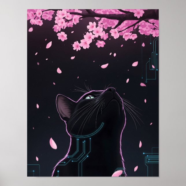 Cyber Cat Blossom Blick | Noir Futuristic Feline Poster (Vorne)