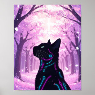 Cyber-Cat Pink Cherry Blossom Forest Poster