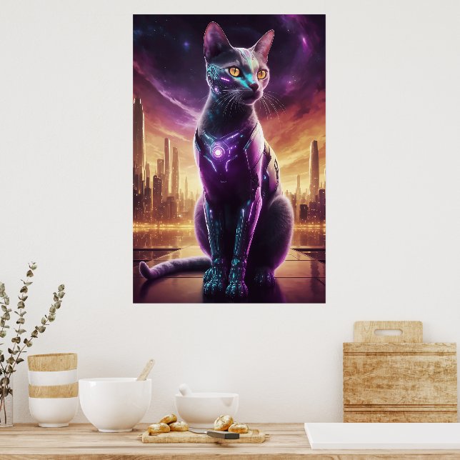 Cyber Cat Poster - Futuristische Sci-Fi Feline Wal (Küche)