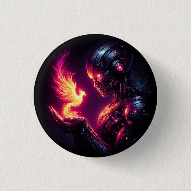 Cyber futuristischer Roboter-Phönix-Feuergeist Button (Vorderseite)