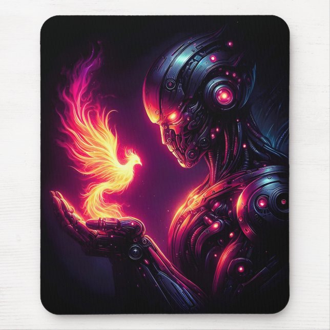 Cyber Futuristischer Roboter Phönix Feuergeist Mousepad (Vorne)