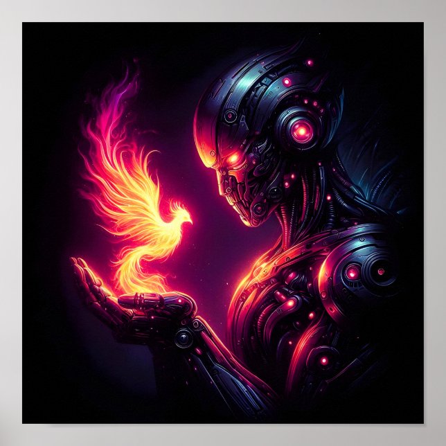 Cyber futuristischer Roboter-Phönix-Feuergeist Poster (Vorne)