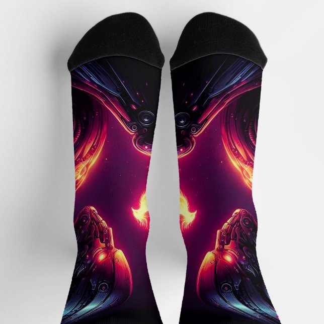 Cyber futuristischer Roboter-Phönix-Feuergeist Socken (Oben)