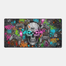 Cyber-Graffiti-Schädel und Neon-Gamepads (Mausmat Schreibtischunterlage