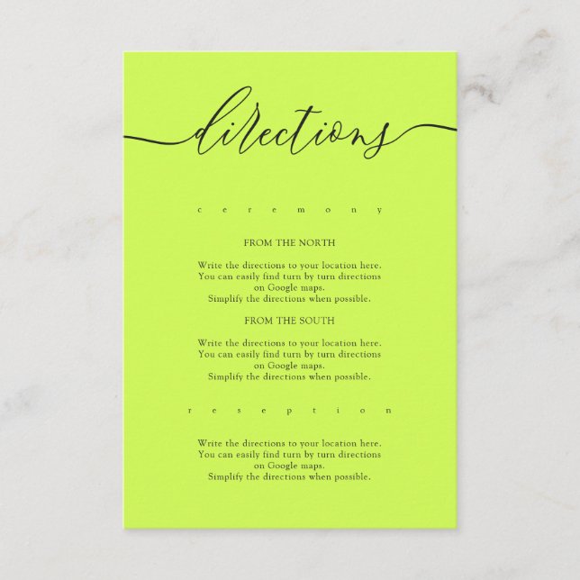 Cyber Lime Jet Black Simple Wedding Directions Begleitkarte (Vorderseite)