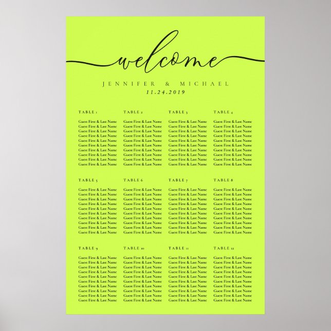 Cyber Lime Jet Black Welcome Wedding Table Seating Poster (Vorne)