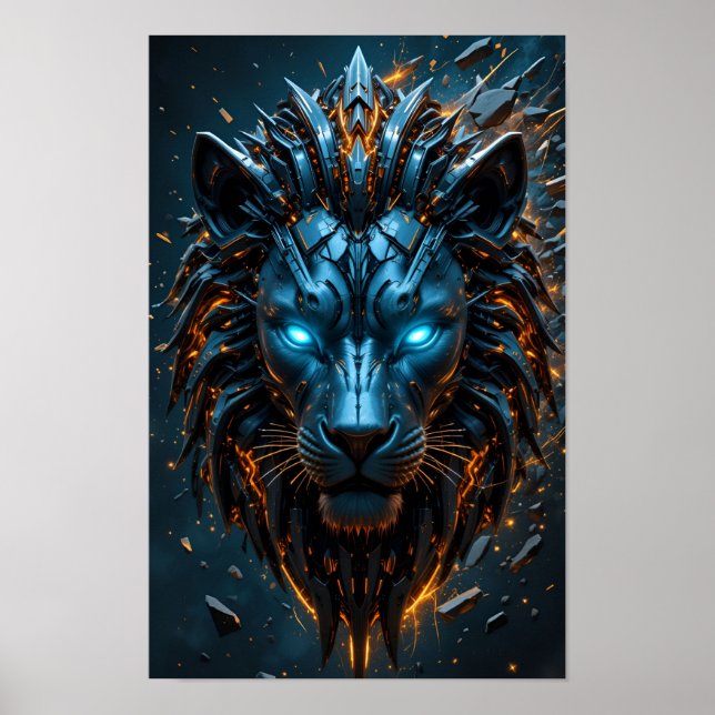 Cyber Löwe mit blauen Augen Poster (Vorne)