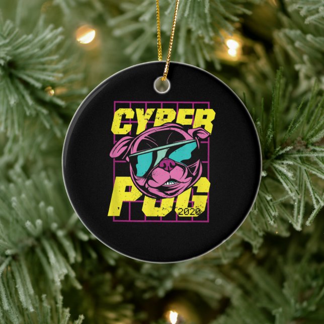 Cyber-Mops | Cooler Mops Hund Keramik Ornament (Baum)