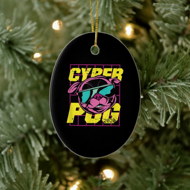 Cyber-Mops | Cooler Mops Hund Keramik Ornament (Baum)