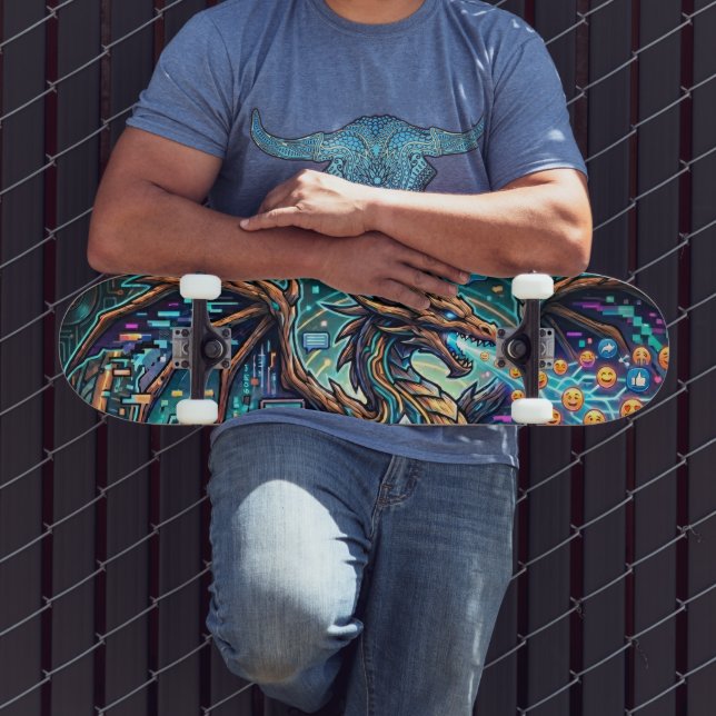 Cyber-Neon Blue Dragon Glitch Art Mural Design Skateboard (Außenbereich 3)