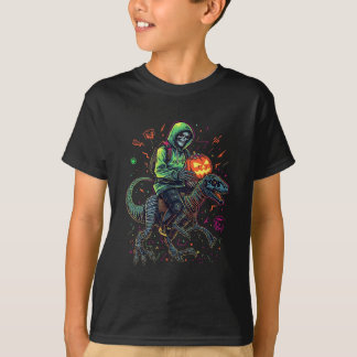 Cyber Neon Skeleton Riding Robo Dino - Halloween T-Shirt